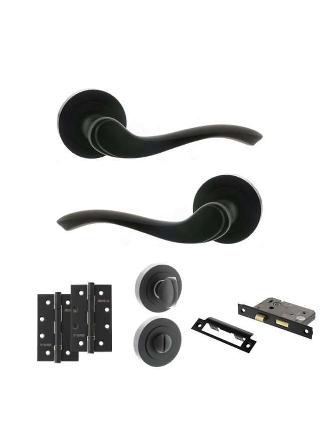 Old English Warwick Door Handle Pack (Bathroom Set - 2.5" CE Bathroom Lock, 4" Slim Knuckle Hinges x2) - Matt Black