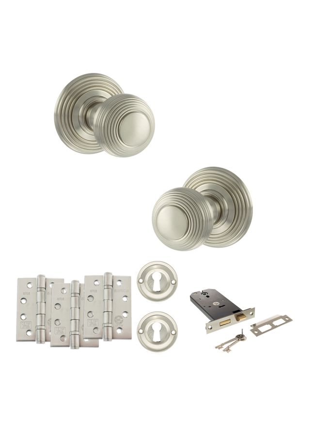 Old English Ripon Door Knob Pack (Lock Set - Horizontal Sashlock, 4" Fire Rated Hinges x3) - Satin Nickel