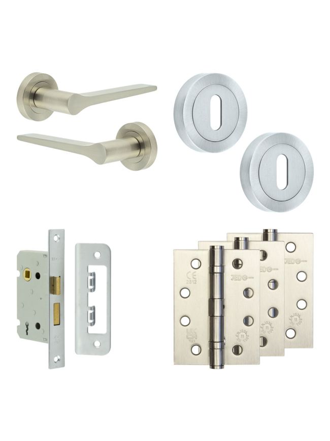 Complete Gio Door Handle Pack - Sashlock - Satin Nickel - 65mm / 4-inch Hinges - JE-E7A8-SN
