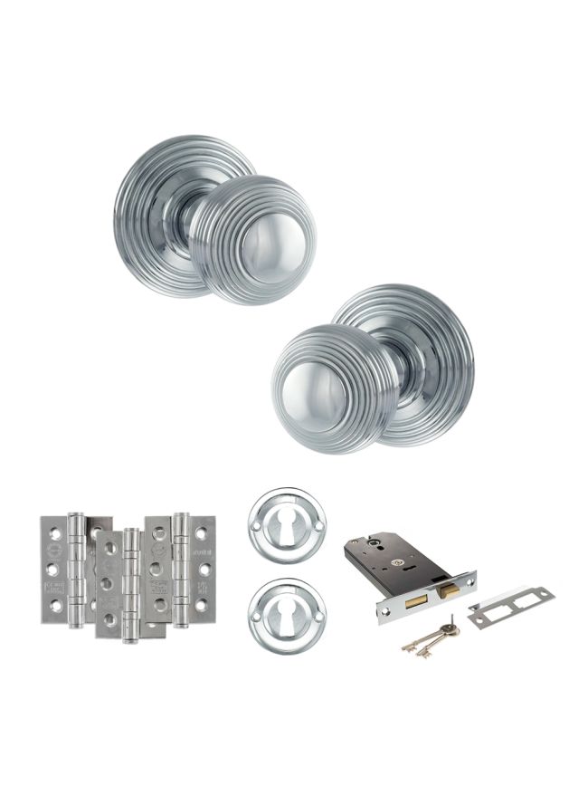 Old English Ripon Door Knob Pack (Lock Set - Horizontal Sashlock, 3" Fire Rated Hinges x3) - Polished Chrome