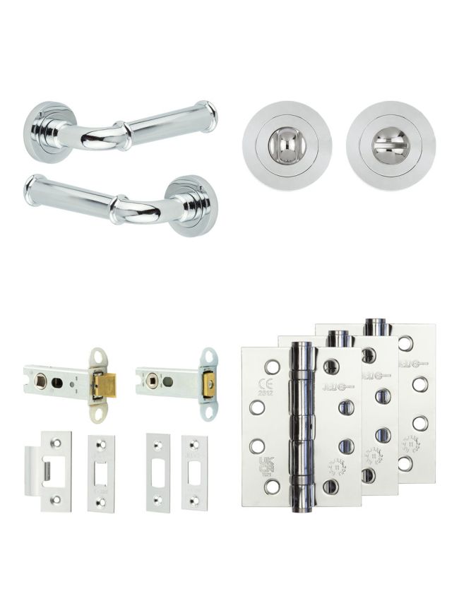 Complete Classic Door Handle Pack - Heavy Duty Tubular Bathroom (Standard Thumb Turn) - Polished Chrome - 76mm / 4-inch Hinges - JE-A31A3-PC