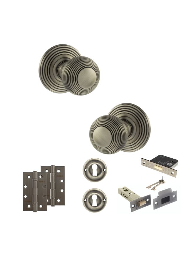 Old English Ripon Door Knob Pack (Lock Set - 3" Latch & Deadlock, 4" Slim Knuckle Hinges x2) - Matt Gun Metal