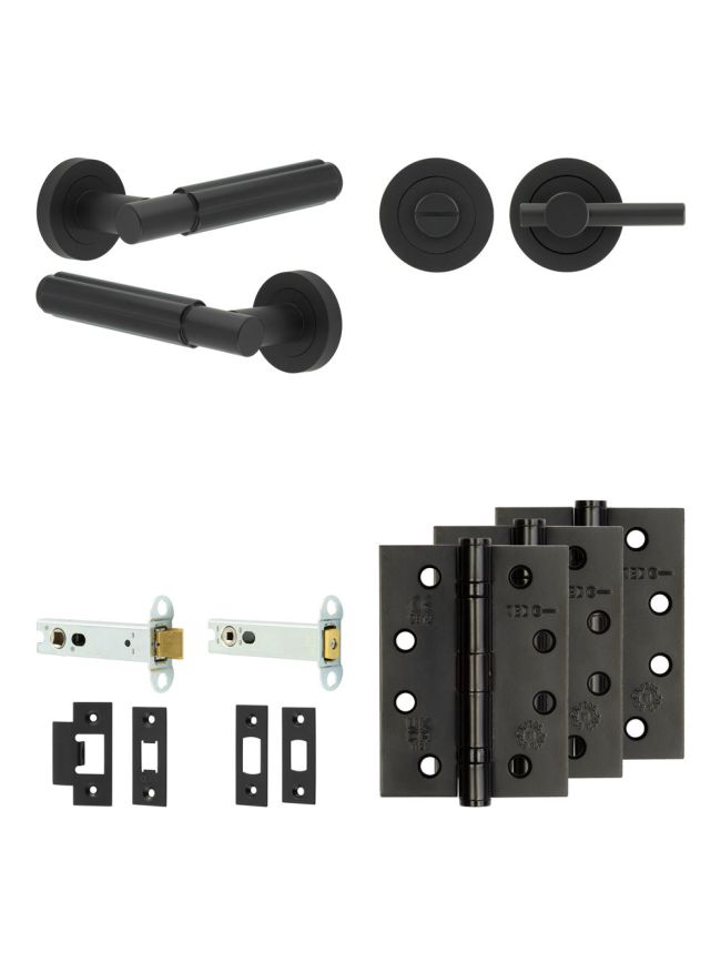 Complete Bloom Door Handle Pack - Heavy Duty Tubular Bathroom (Plain Thumb Turn) - Matt Black - 102mm / 4-inch Hinges - JE-B32A2-MB