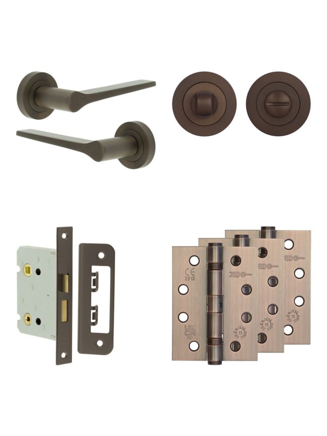 Complete Gio Door Handle Pack - Bathroom Lock (Standard Thumb Turn) - Dark Bronze - 76mm / 4-inch Hinges - JE-E6A3-DB