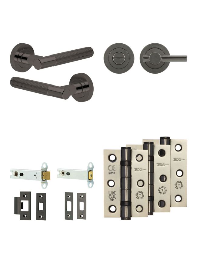 Complete Venice Door Handle Pack - Heavy Duty Tubular Bathroom (Plain Thumb Turn) - Black Nickel - 102mm / 3-inch Hinges - JE-F32B2-BN