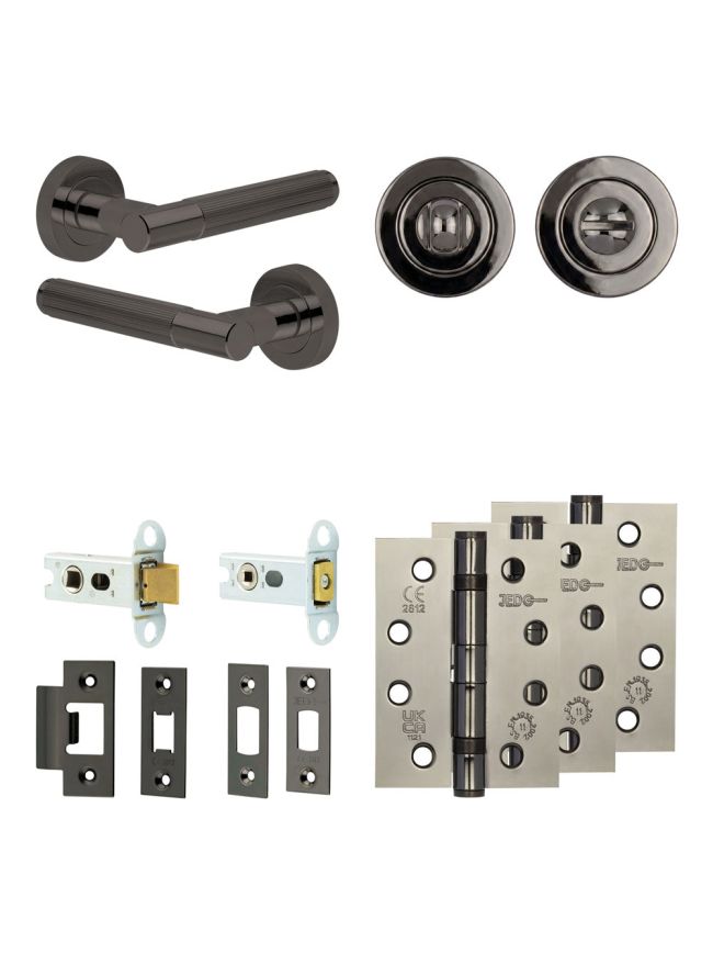 Complete Venice Door Handle Pack - Heavy Duty Tubular Bathroom (Standard Thumb Turn) - Black Nickel - 64mm / 4-inch Hinges - JE-F30A3-BN