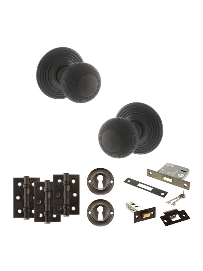 Old English Ripon Door Knob Pack (Lock Set - 3" Latch & Deadlock, 3" Fire Rated Hinges x3) - Urban Dark Bronze