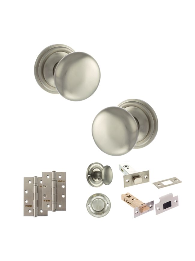 Old English Harrogate Door Knob Pack (Bathroom Set - 4" Deadbolt, 4" Slim Knuckle Hinges x2) - Satin Nickel
