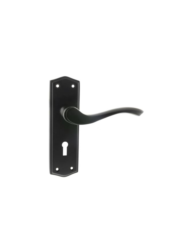 Old English Warwick Key Lever Door Handle on Backplate - Matt Black (Pair)