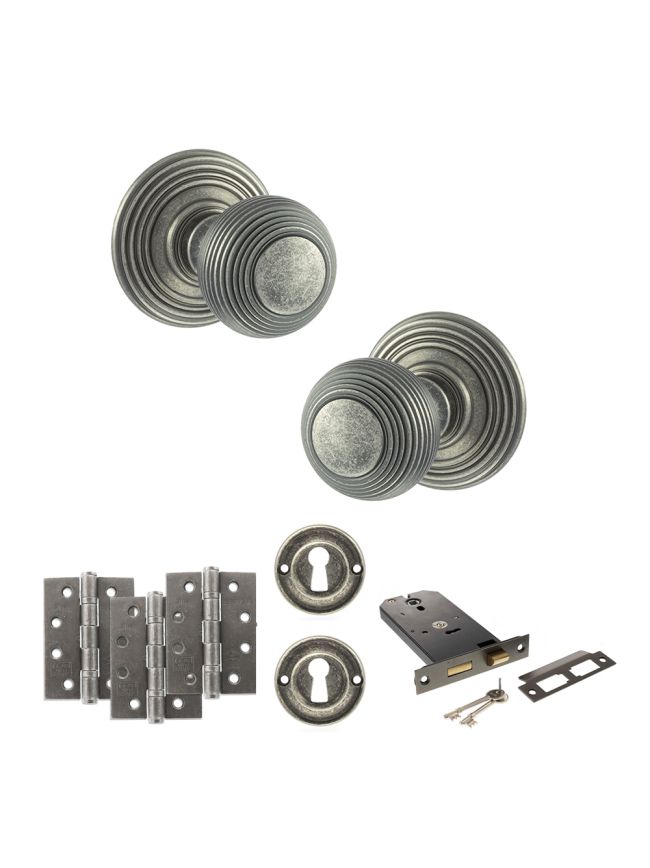 Old English Ripon Door Knob Pack (Lock Set - Horizontal Sashlock, 4" Fire Rated Hinges x3) - Distressed Silver