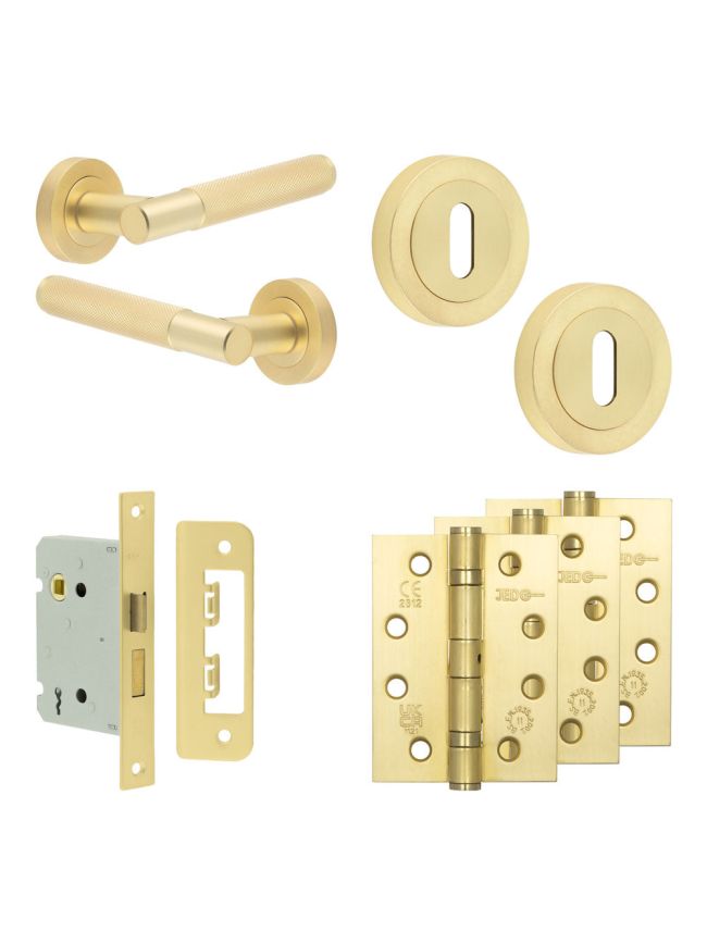 Complete Bari Door Handle Pack - Sashlock - Satin Brass - 76mm / 4-inch Hinges - JE-D8A8-SB