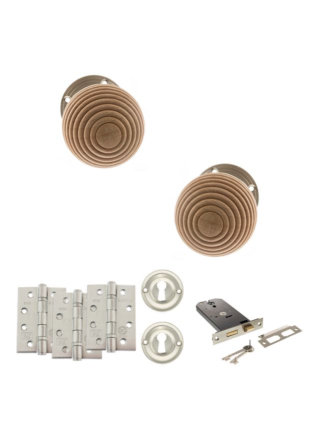 Old English Bridlington Door Knob Pack (Lock Set - Horizontal Sashlock, 4" Fire Rated Hinges x3) - Satin Nickel
