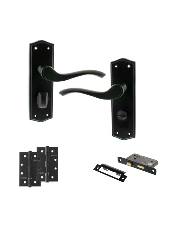 Old English Warwick Door Handle Pack (Bathroom Set - 2.5" CE Bathroom Lock, 4" Slim Knuckle Hinges x2) - Matt Black