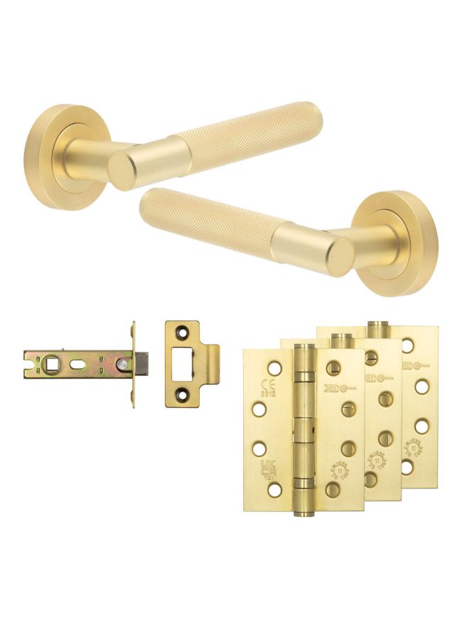 Complete Bari Door Handle Pack - Internal Doors - Satin Brass - 76mm / 4-inch Hinges - JE-D3A-SB