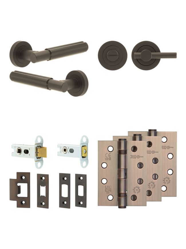 Complete Bloom Door Handle Pack - Heavy Duty Tubular Bathroom (Plain Thumb Turn) - Dark Bronze - 64mm / 4-inch Hinges - JE-B30A2-DB