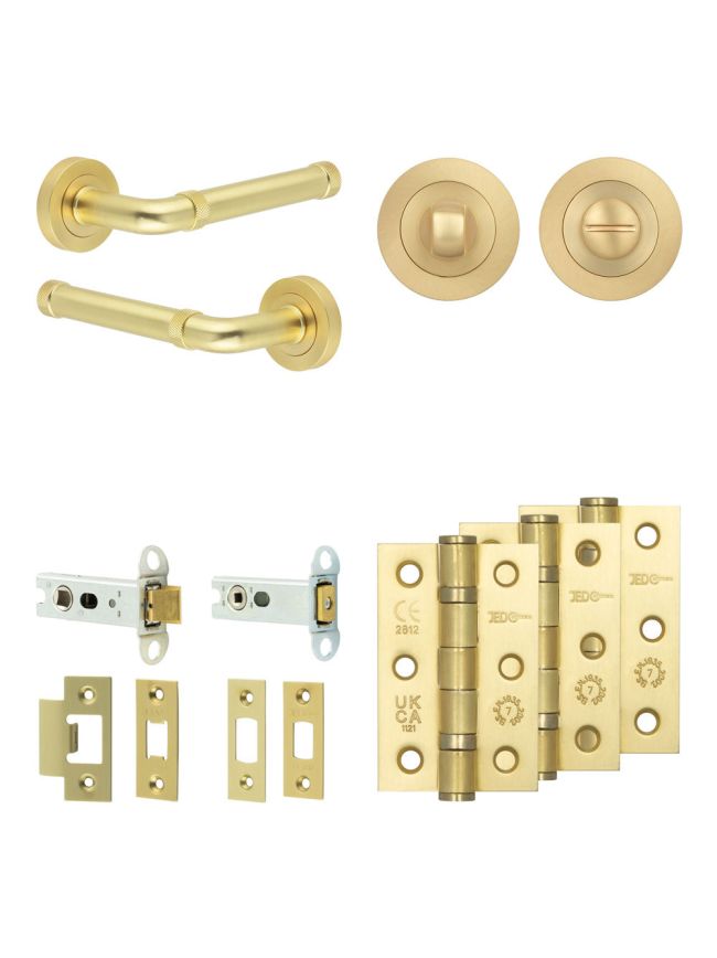Complete Midtown Door Handle Pack - Heavy Duty Tubular Bathroom (Standard Thumb Turn) - Satin Brass - 76mm / 3-inch Hinges - JE-G31B3-SB