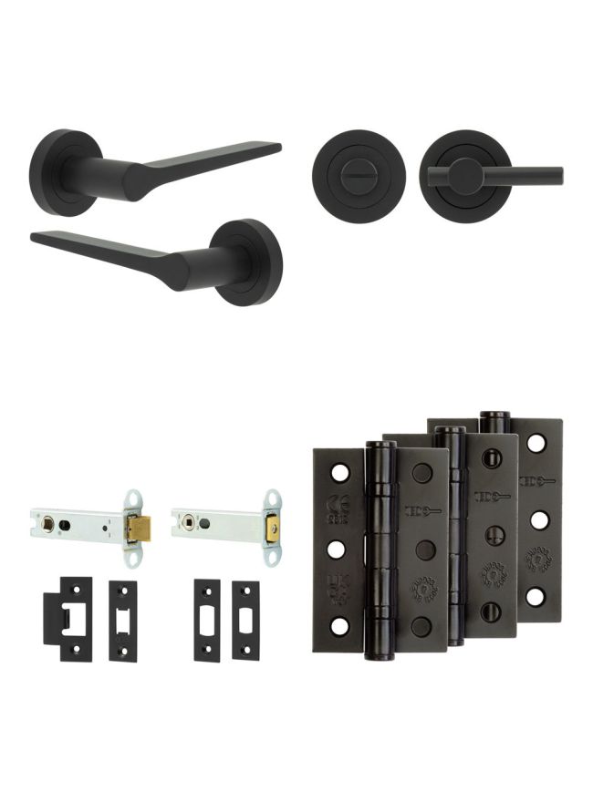 Complete Gio Door Handle Pack - Heavy Duty Tubular Bathroom (Plain Thumb Turn) - Matt Black - 102mm / 3-inch Hinges - JE-E32B2-MB