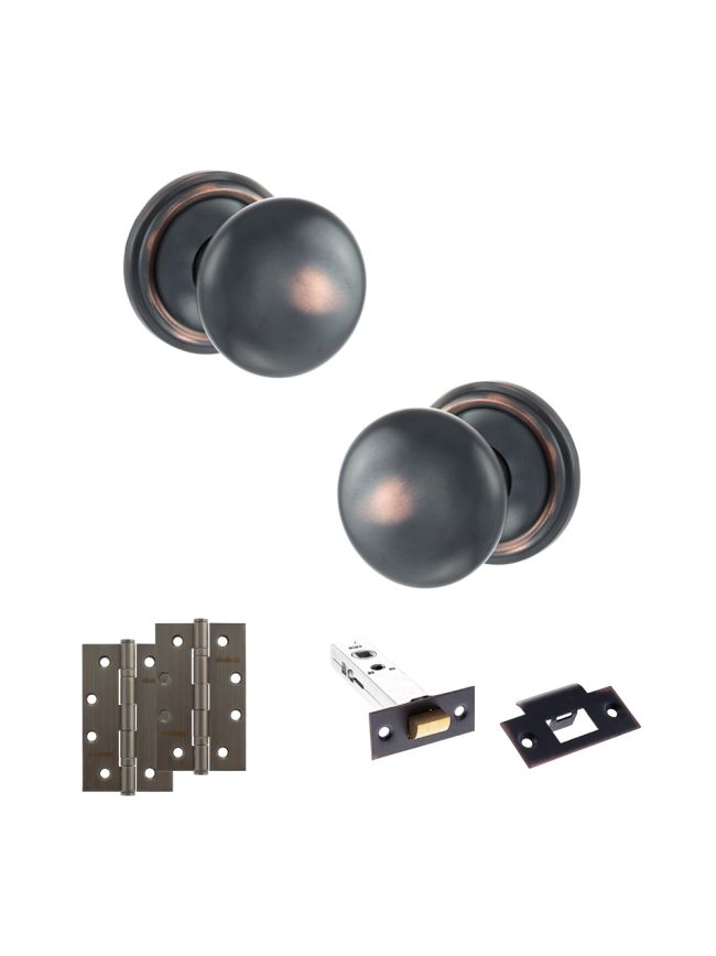 Old English Harrogate Door Knob Pack (Latch Set - 3" HD Latch, 4" Slim Knuckle Hinges x2) - Antique Copper