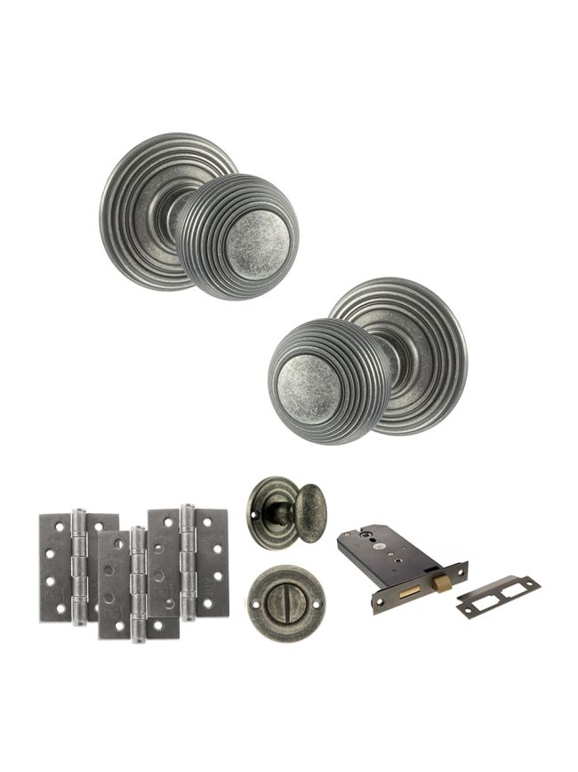 Old English Ripon Door Knob Pack (Lock Set - Horizontal Bathlock, 4" Fire Rated Hinges x3) - Distressed Silver