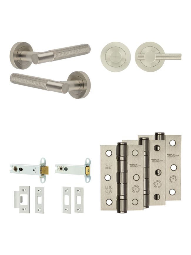 Complete Bari Door Handle Pack - Heavy Duty Tubular Bathroom (Knurled Thumb Turn) - Satin Nickel - 102mm / 3-inch Hinges - JE-D32B1-SN