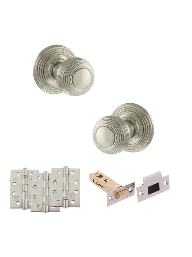 Old English Ripon Door Knob Pack (Latch Set - 3" HD Latch, 4" Fire Rated Hinges x3) - Satin Nickel