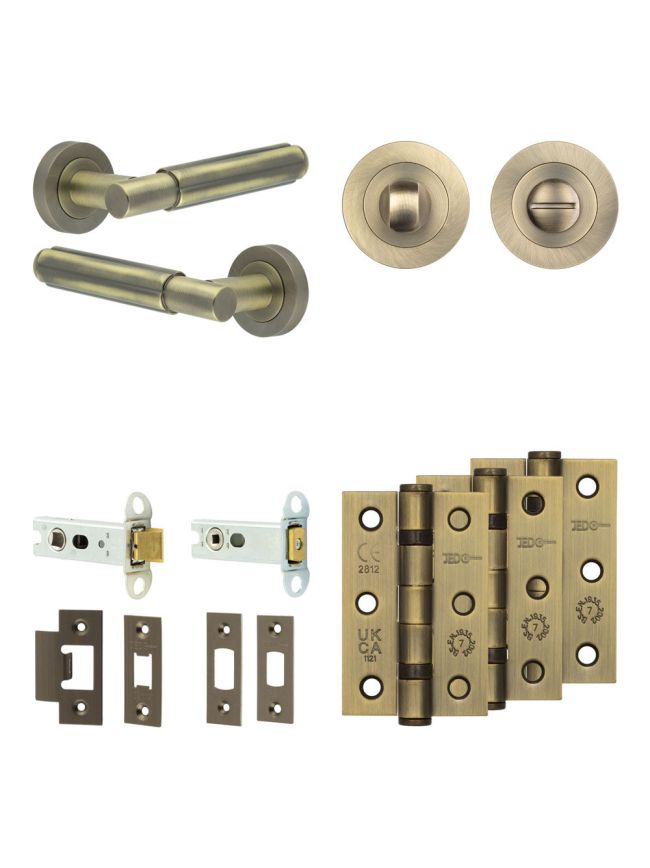 Complete Bloom Door Handle Pack - Heavy Duty Tubular Bathroom (Standard Thumb Turn) - Antique Brass - 76mm / 3-inch Hinges - JE-B31B3-AB