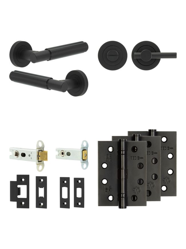 Complete Bloom Door Handle Pack - Heavy Duty Tubular Bathroom (Plain Thumb Turn) - Matt Black - 76mm / 4-inch Hinges - JE-B31A2-MB