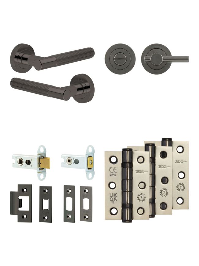 Complete Venice Door Handle Pack - Heavy Duty Tubular Bathroom (Plain Thumb Turn) - Black Nickel - 64mm / 3-inch Hinges - JE-F30B2-BN
