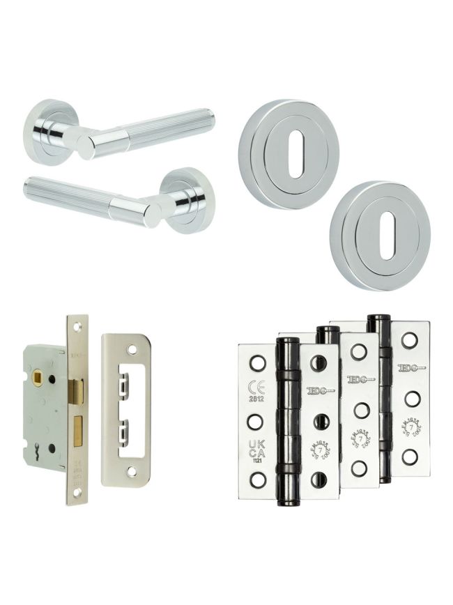 Complete Venice Door Handle Pack - Sashlock - Polished Chrome - 65mm / 3-inch Hinges - JE-F7B8-PC