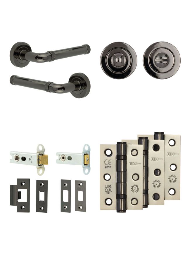 Complete Midtown Door Handle Pack - Heavy Duty Tubular Bathroom (Standard Thumb Turn) - Black Nickel - 76mm / 3-inch Hinges - JE-G31B3-BN