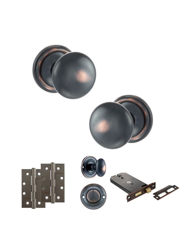 Old English Harrogate Door Knob Pack (Lock Set - Horizontal Bathlock, 4" Slim Knuckle Hinges x2) - Antique Copper
