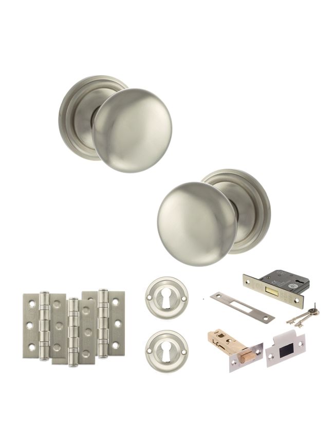 Old English Harrogate Door Knob Pack (Lock Set - 3" Latch & Deadlock, 3" Fire Rated Hinges x3) - Satin Nickel