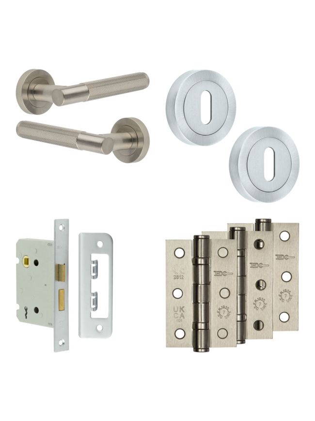 Complete Bari Door Handle Pack - Sashlock - Satin Nickel - 76mm / 3-inch Hinges - JE-D8B8-SN