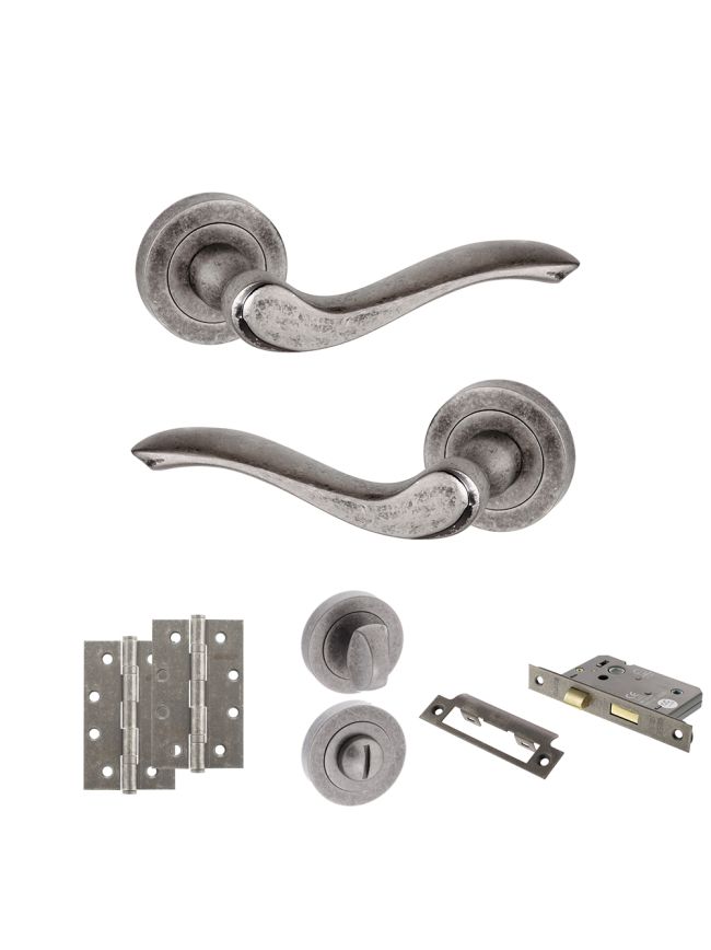Old English Warwick Door Handle Pack (Bathroom Set - 2.5" CE Bathroom Lock, 4" Slim Knuckle Hinges x2) - Distressed Silver