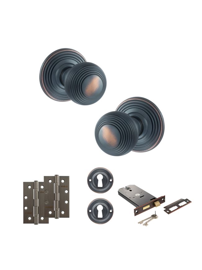 Old English Ripon Door Knob Pack (Lock Set - Horizontal Sashlock, 4" Slim Knuckle Hinges x2) - Antique Copper