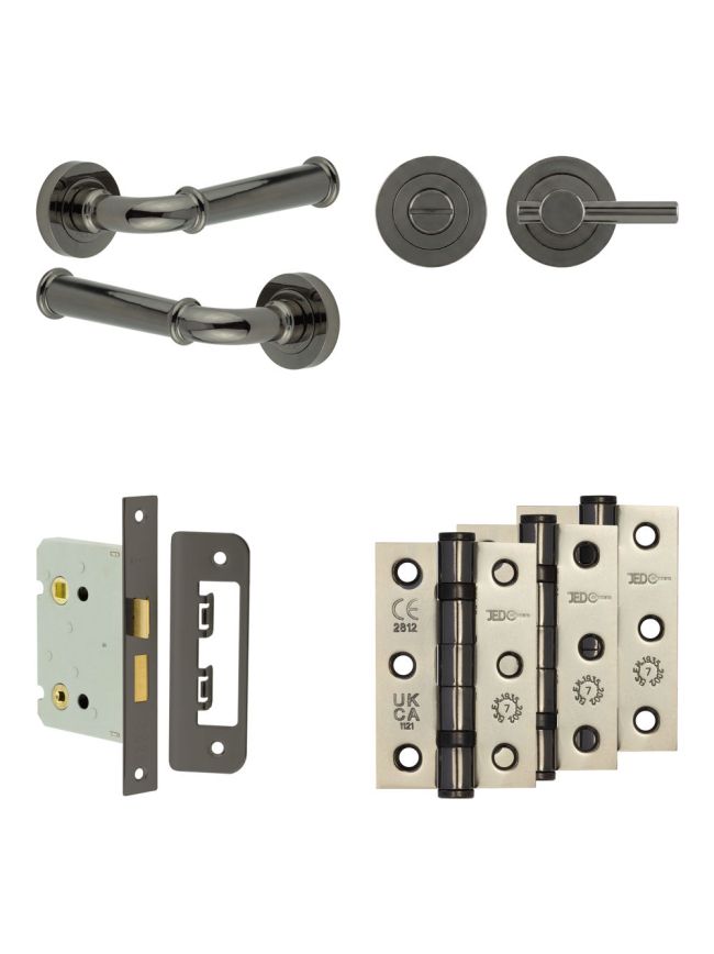 Complete Classic Door Handle Pack - Bathroom Lock (Plain Thumb Turn) - Black Nickel - 76mm / 3-inch Hinges - JE-A6B2-BN