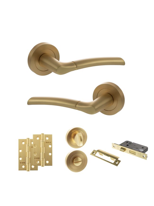 STATUS Indiana Door Handle Pack (Bathroom Set - 3" CE Bathroom Lock, 4" Slim Knuckle Hinges x2) - Satin Brass