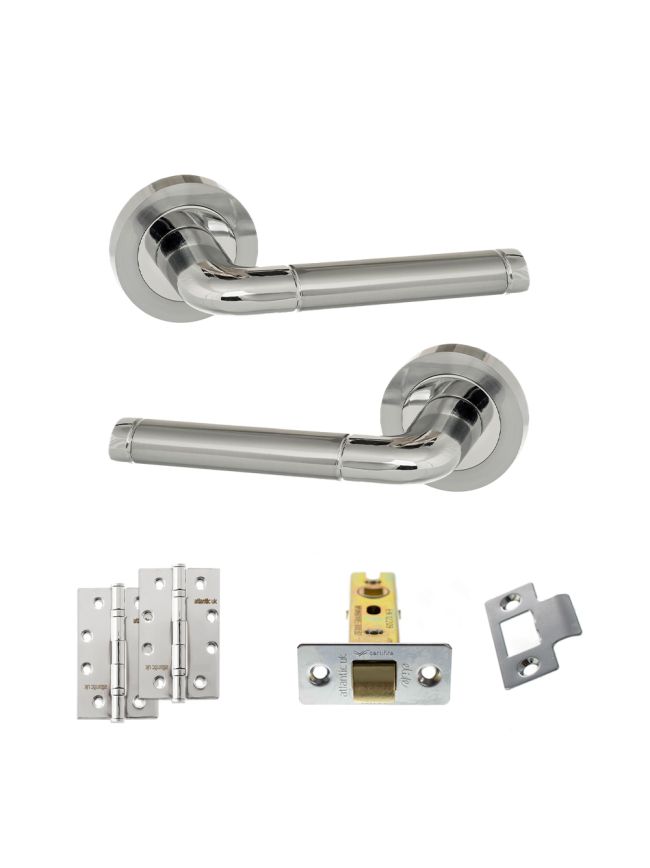 Eco Ocean Door Handle Pack (Latch Set - 3" CE Latch, 4" Slim Knuckle Hinges x2) - Satin Chrome/Polished Chrome