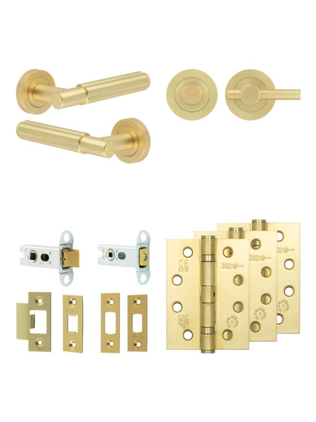 Complete Bloom Door Handle Pack - Heavy Duty Tubular Bathroom (Plain Thumb Turn) - Satin Brass - 64mm / 4-inch Hinges - JE-B30A2-SB