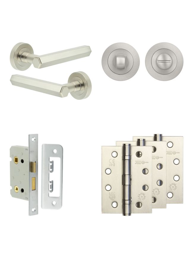 Complete Hex Door Handle Pack - Bathroom Lock (Standard Thumb Turn) - Satin Nickel - 65mm / 4-inch Hinges - JE-C5A3-SN