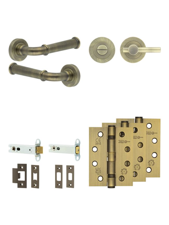 Complete Classic Door Handle Pack - Heavy Duty Tubular Bathroom (Plain Thumb Turn) - Antique Brass - 102mm / 4-inch Hinges - JE-A32A2-AB