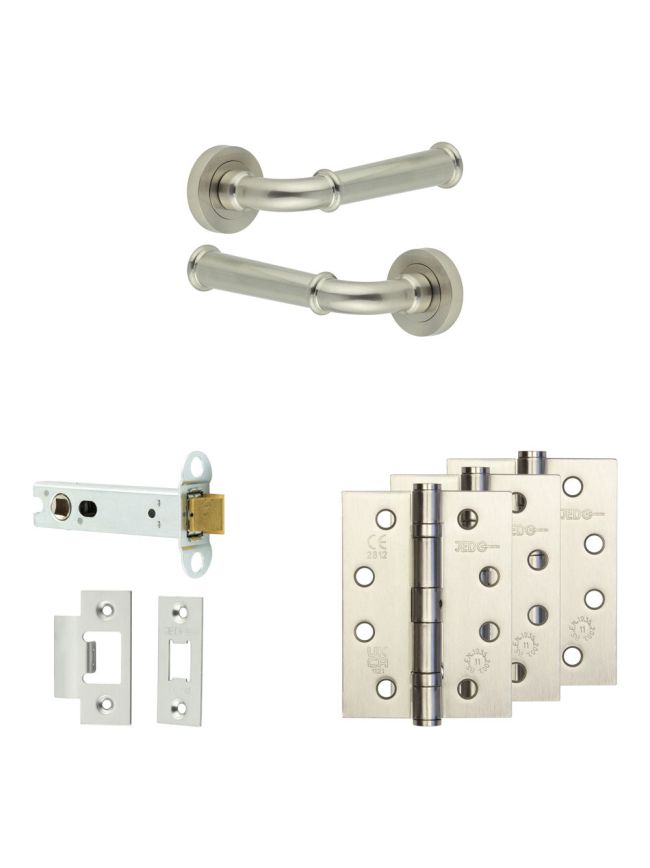 Complete Classic Door Handle Pack - Heavy Duty Latch - Satin Nickel - 102mm / 4-inch Hinges - JE-A22A-SN