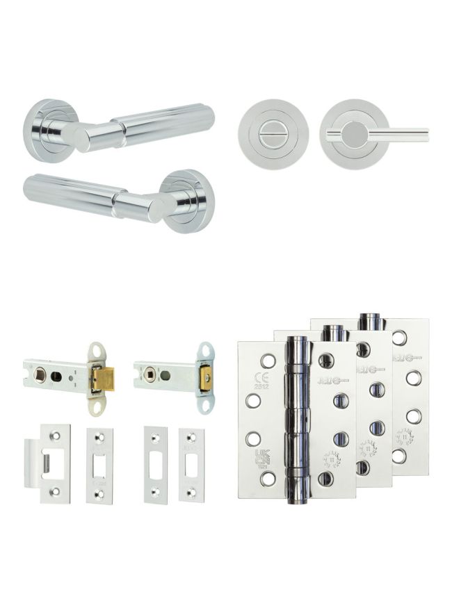 Complete Bloom Door Handle Pack - Heavy Duty Tubular Bathroom (Plain Thumb Turn) - Polished Chrome - 76mm / 4-inch Hinges - JE-B31A2-PC