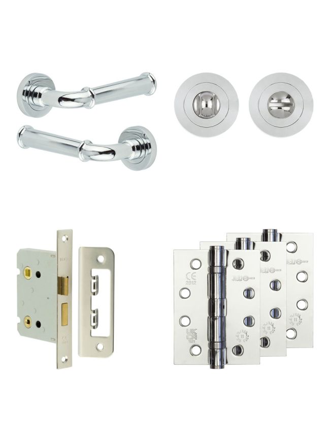 Complete Classic Door Handle Pack - Bathroom Lock (Standard Thumb Turn) - Polished Chrome - 76mm / 4-inch Hinges - JE-A6A3-PC