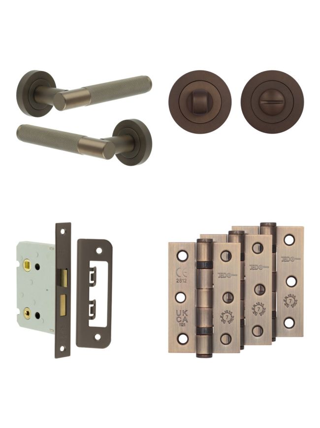 Complete Bari Door Handle Pack - Bathroom Lock (Standard Thumb Turn) - Dark Bronze - 76mm / 3-inch Hinges - JE-D6B3-DB
