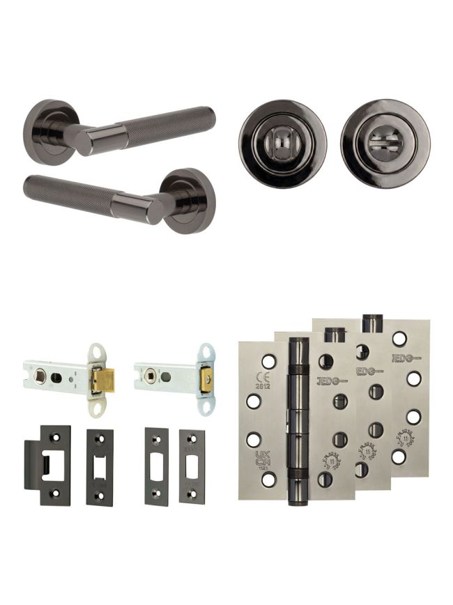 Complete Bari Door Handle Pack - Heavy Duty Tubular Bathroom (Standard Thumb Turn) - Black Nickel - 76mm / 4-inch Hinges - JE-D31A3-BN