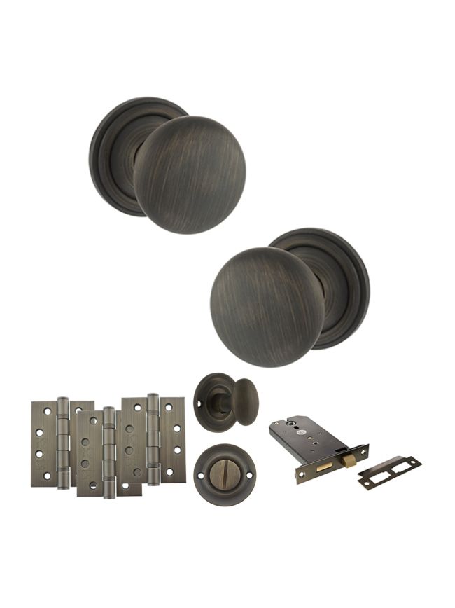 Old English Harrogate Door Knob Pack (Lock Set - Horizontal Bathlock, 4" Fire Rated Hinges x3) - Urban Bronze