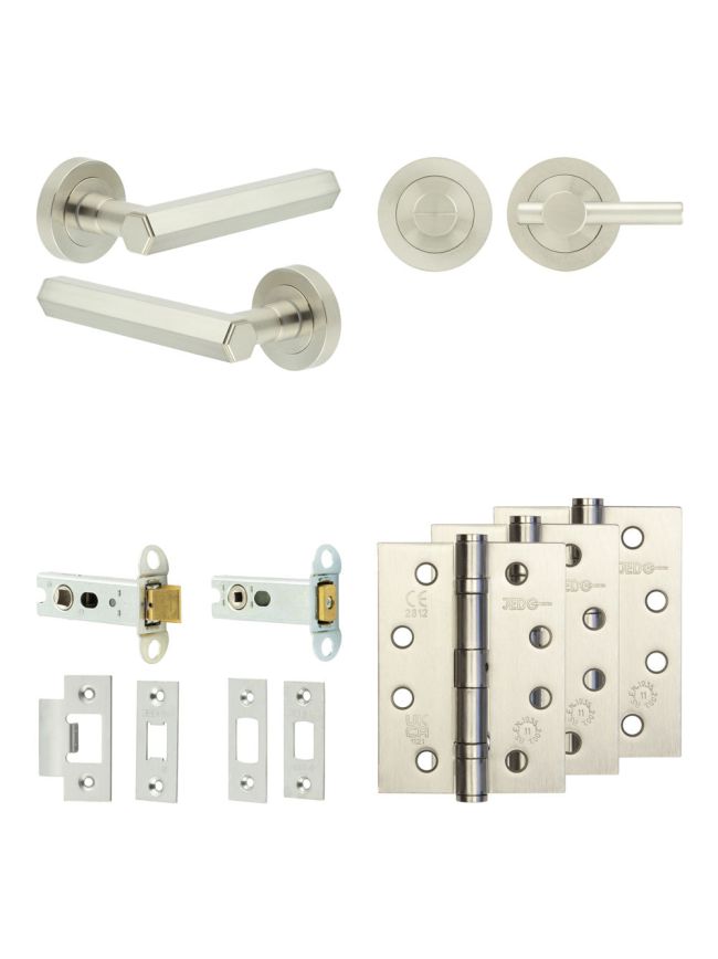 Complete Hex Door Handle Pack - Heavy Duty Tubular Bathroom (Plain Thumb Turn) - Satin Nickel - 76mm / 4-inch Hinges - JE-C31A2-SN