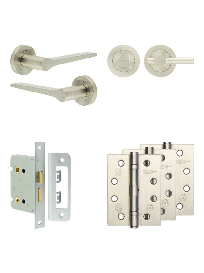 Complete Gio Door Handle Pack - Bathroom Lock (Plain Thumb Turn) - Satin Nickel - 76mm / 4-inch Hinges - JE-E6A2-SN
