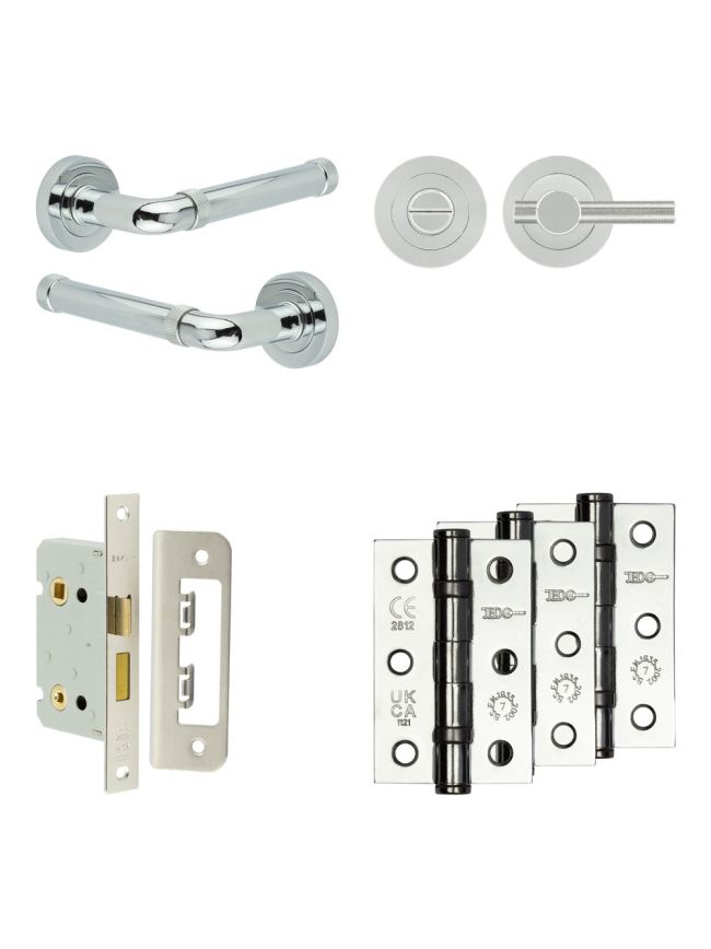 Complete Midtown Door Handle Pack - Bathroom Lock (Knurled Thumb Turn) - Polished Chrome - 65mm / 3-inch Hinges - JE-G5B1-PC